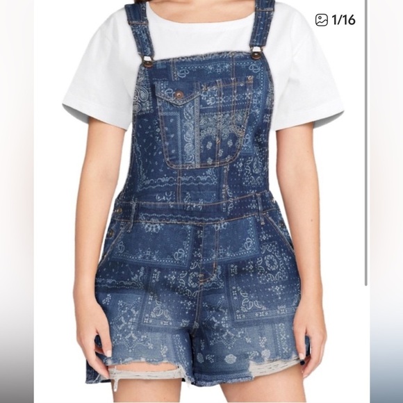 Festival Blue White Denim Bandana Overall Shortalls Size M 7-9 Americana - Picture 10 of 14